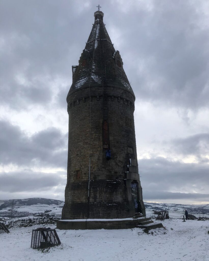 A snowy Hartshead Pike in 2021