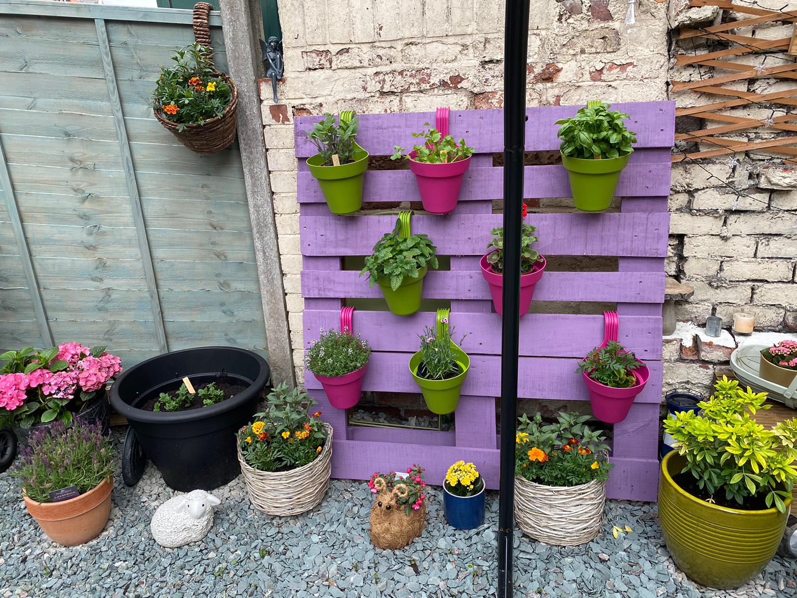 An reclaimed wooden pallet painted and turned into a planter