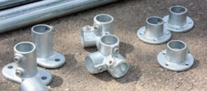 Assorted FastClamp handrail fittings and galvanised mild steel pipe